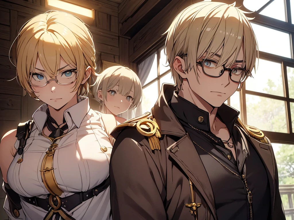 Blonde, Round Glasses, cool, (Gear Accessories), anime, beautiful, masterpiece, Highest quality, (1male性:1.5), (Shining Eyes:1.3), (Beautifully detailed eyes:1.1)、[[Delicate fingers and hands:0.55]::0.85], (Detailed reference),male, maleらしく, male, (Not as it really is), (bad), (Yankee), No chest, short hair length, One person