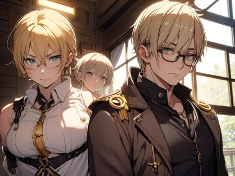 blonde, round glasses, cool, (gear accessories), anime, beautiful, masterpiece, highest quality, (1male性:1.5), (shining eyes:1.3...