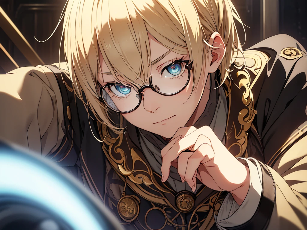 Blonde, Round Glasses, cool, (Gear Accessories), anime, beautiful, masterpiece, Highest quality, (1male性:1.5), (Shining Eyes:1.3), (Beautifully detailed eyes:1.1)、[[Delicate fingers and hands:0.55]::0.85], (Detailed reference),male, maleらしく, male, (Not as it really is), (bad), (Yankee), No chest, short hair length, One person