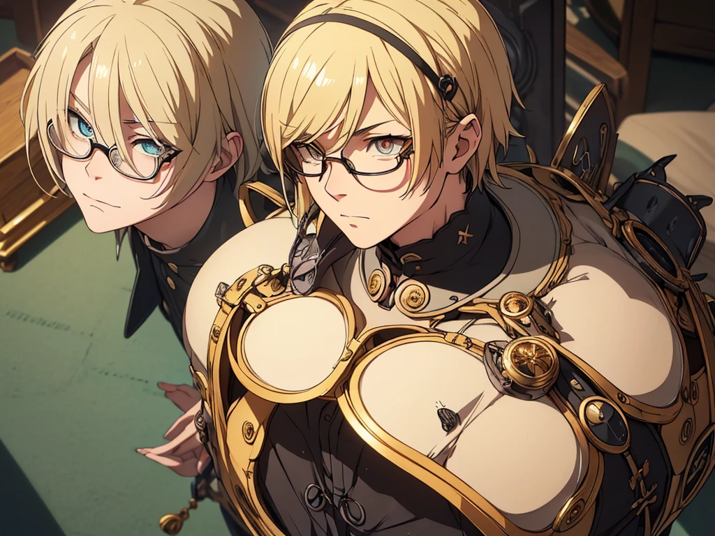 Blonde, Round Glasses, cool, (Gear Accessories), anime, beautiful, masterpiece, Highest quality, (1male性:1.5), (Shining Eyes:1.3), (Beautifully detailed eyes:1.1)、[[Delicate fingers and hands:0.55]::0.85], (Detailed reference),male, maleらしく, male, (Not as it really is), (bad), (Yankee), No chest, short hair length, One person