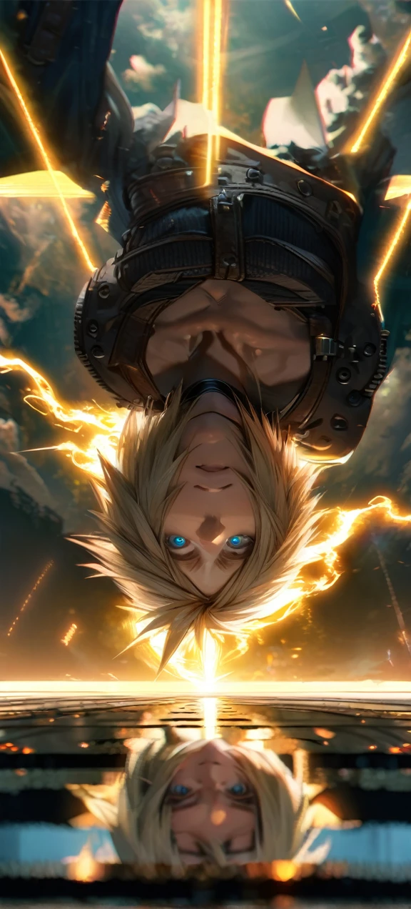 Symetrical,absurdres, highres, ultra detailed, HDR, masterpiece, extremely detailed face and eyes, Cloud Strife,final fantasy 7, yellow hair , , solo, man, handsome, ,, , cool pose, yellow lightning effect, glowing glitters, symetrical , full body view