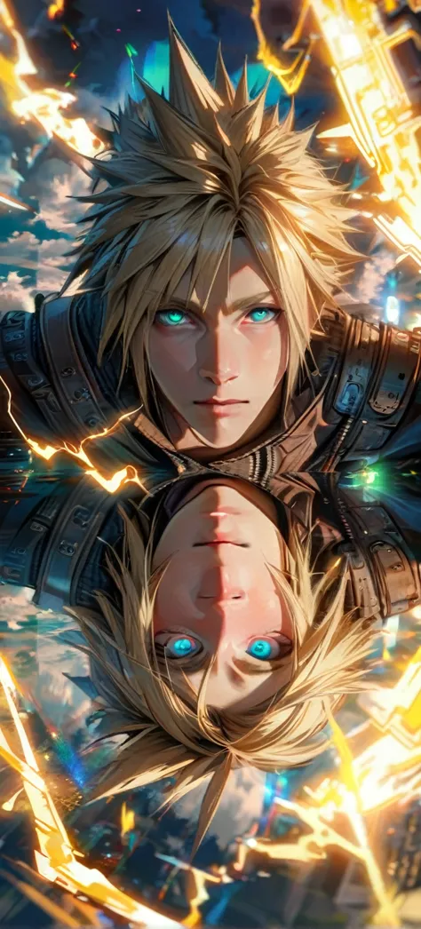 symetrical,absurdres, highres, ultra detailed, hdr, masterpiece, extremely detailed face and eyes, cloud strife,final fantasy 7,...