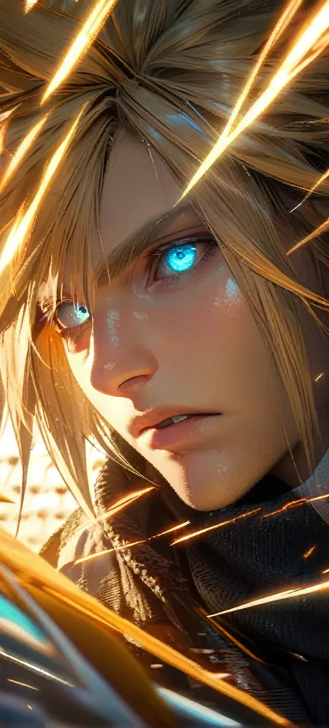 symetrical,absurdres, highres, ultra detailed, hdr, masterpiece, extremely detailed face and eyes, cloud strife,final fantasy 7,...