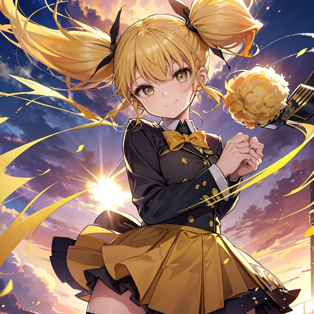 (((Shinomiya Kikoru)))　((Yellow Hair　Twin tails　uniform))　(smile　Jump)　Shining Background　Shining Edge