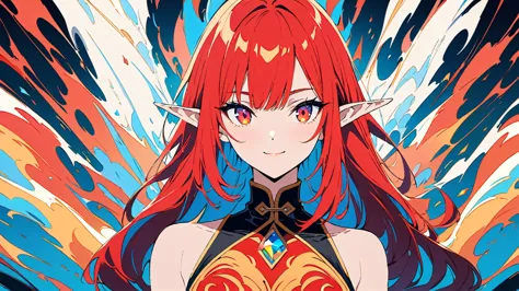 ((half body portrait of a fire elf)), animestile, red flowing hair, shiny red eyes,( medium length pointy ears),orange fire arou...