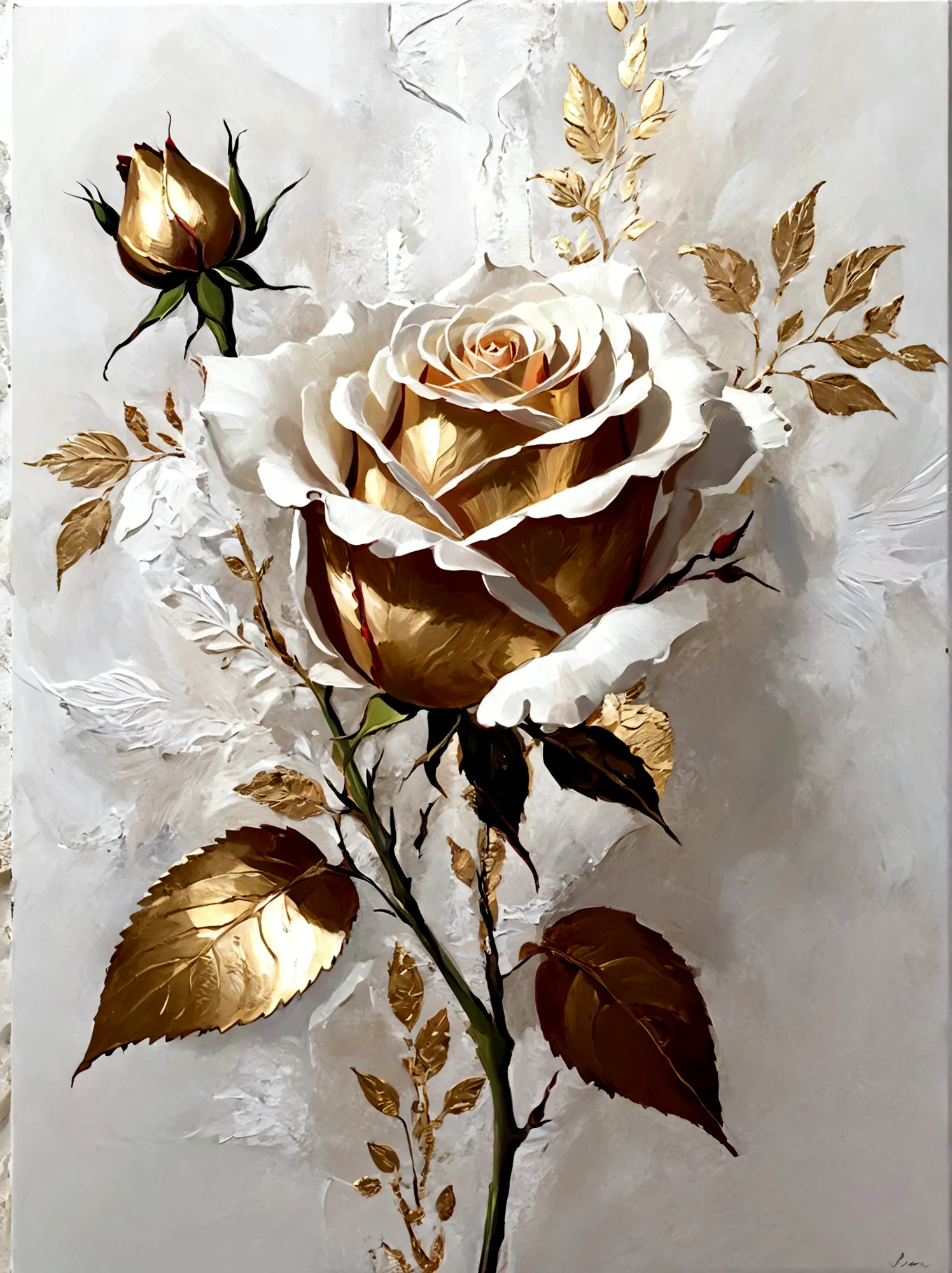 a flower，a rose，perfect proportion，symmetry，gold leaf，vanilla，bright，white background，real，emotion，thick textured paint,