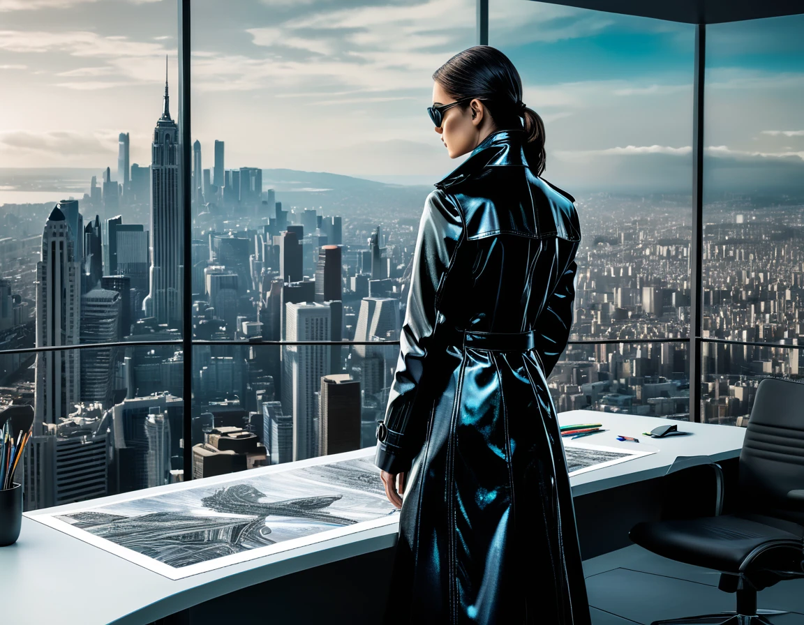 (On a sheet of paper placed on a large desk, Drawing large 4D figurines in stunning and breathtaking uhd ink style, holographic effect that comes out vertically from the drawing sheet), Trinity, a group of sublime women in Black trench coat, matrix style, futuristic city center,  fully detailed, high quality, high resolution, proportions parfaites, masterpiece, hyperRéaliste, masterpiece, superior quality, high resolution, Extremely detailed, highly detailed 8K wallpaper, détails fractales
