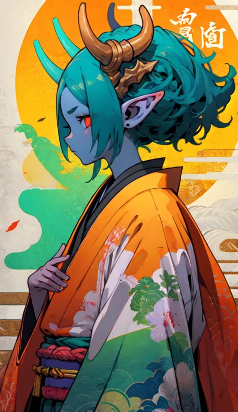 oniNFT, solo, 1girl, horns, female focus, colored skin, japanese clothes, colored sclera, pointy ears, blue skin, kimono, upper ...