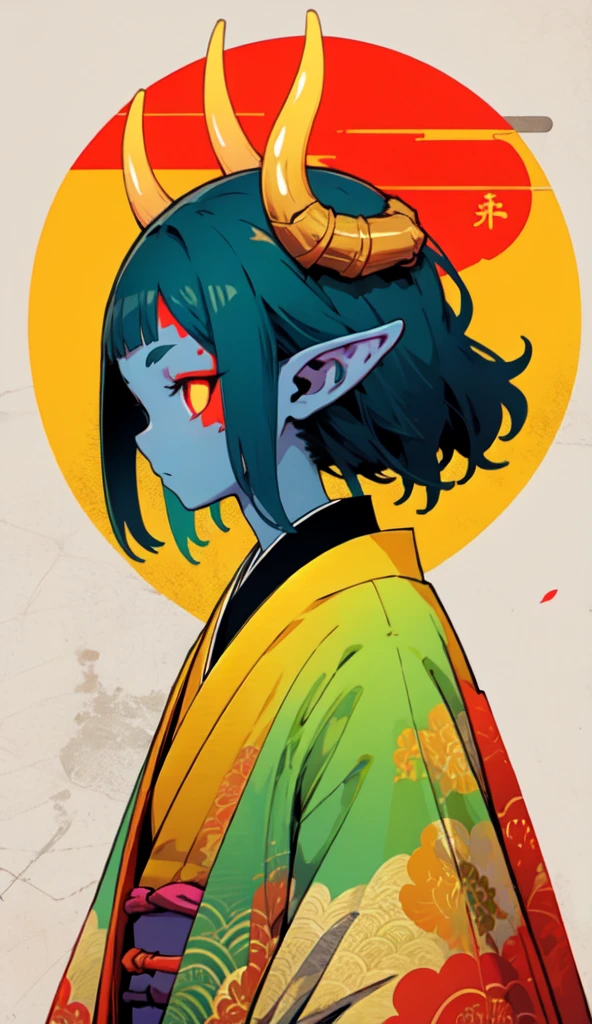 oniNFT, solo, 1girl, horns, female focus, colored skin, japanese clothes, colored sclera, pointy ears, blue skin, kimono, upper body, from side, profile  