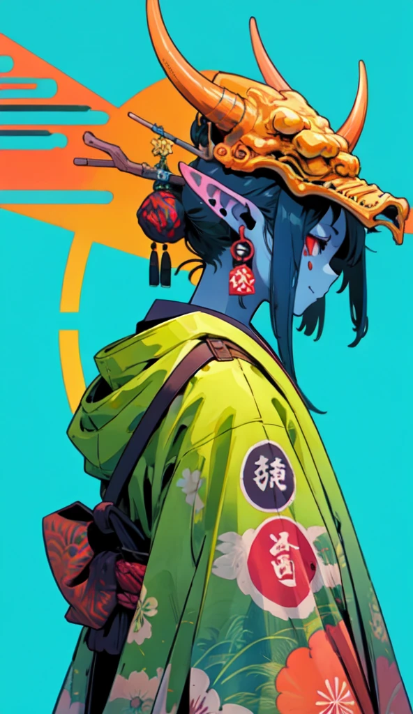 oniNFT, solo, 1girl, horns, female focus, colored skin, japanese clothes, colored sclera, pointy ears, blue skin, kimono, upper body, from side, profile  