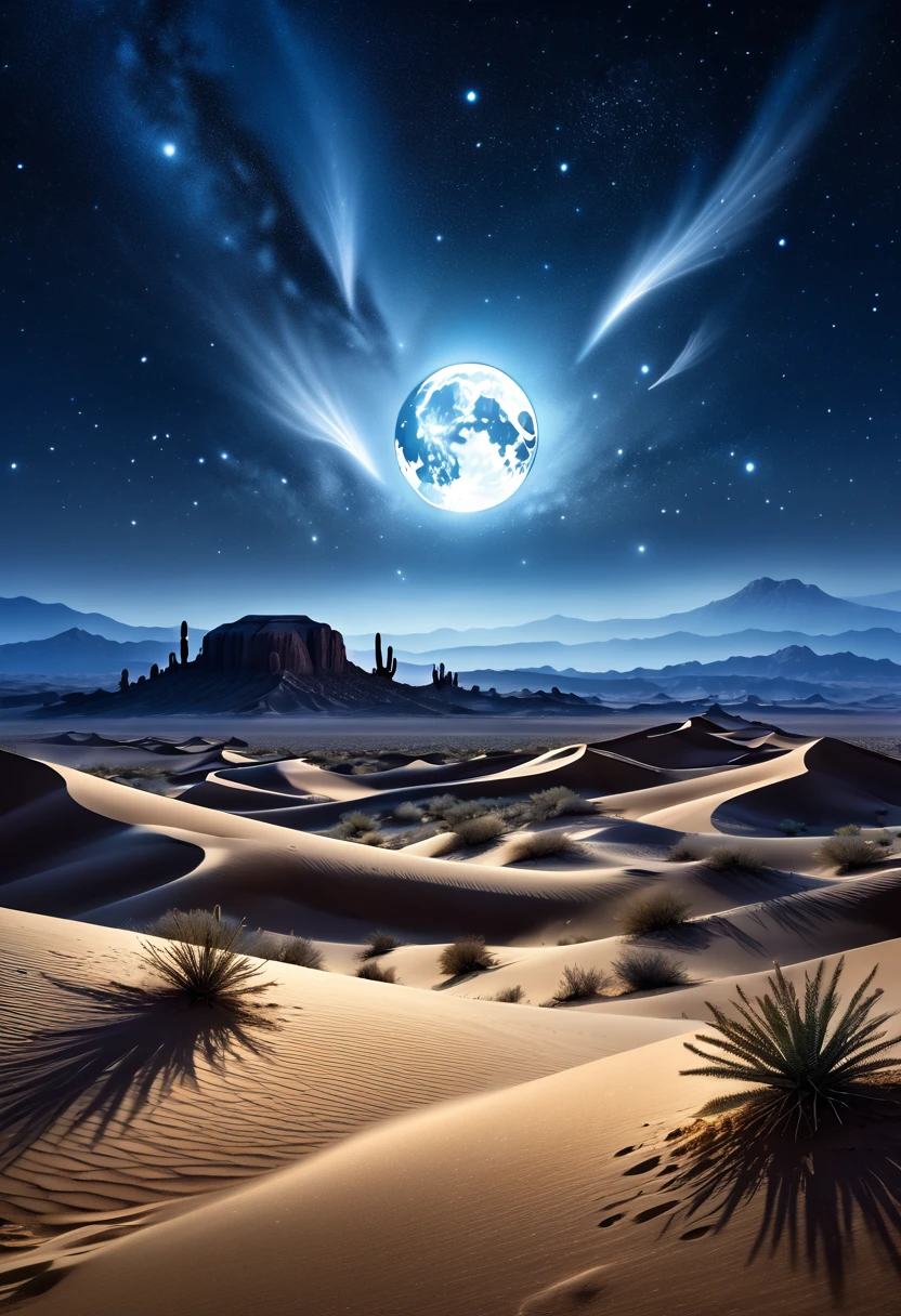 a high quality professional photo of a desert landscape under the moonlight with spirits flying around, 8k resolution, hyper detailed depiction of stars, inspired by Commedia dell'Arte, incorporating elements from thierry mugler's designs.