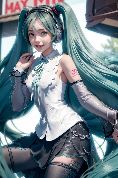 (Personaje Hatsune Miku), coarse hair color, long hair two tails with pony, looking at the view, eyes in sight, SMILE (big SMILE...