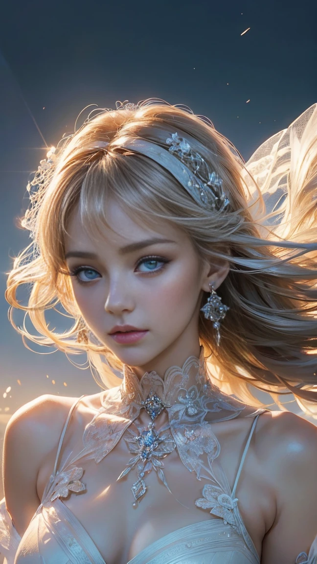 (((Master Parts)))), (((Very high quality)))), ((Ultra high definition)), (Very detailedフォトリアリティ), (((Very delicate and beautiful)), (Delicate and beautiful face), definition, Very detailed, Mega Quality, 4K, Cinematic Light, Ultra-realistic Light, Highly highlighted details, goddess, White Dress, God&#39;s Power, (((White women))), Beautiful woman, Lovely lady, ((Inside the unit)), works muito detalhadas, ((works de anjo)), Highest quality 8k, work, works de anjo nas costas, works angelical, works grandes, works magnificas, works com penas brancas, works angelicais, 2 works, Farsightedness, Bottom View, Woman flying in the sky,In the universe captured on canvas、A beautiful flowing galaxy surrounds her.,