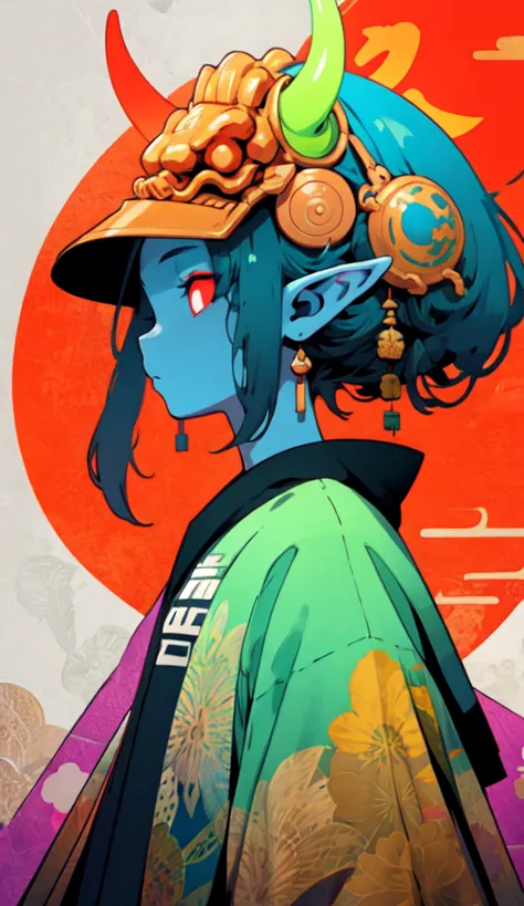 oniNFT, solo, 1girl, horns, female focus, colored skin, street clothes, colored sclera, pointy ears, blue skin, upper body  
