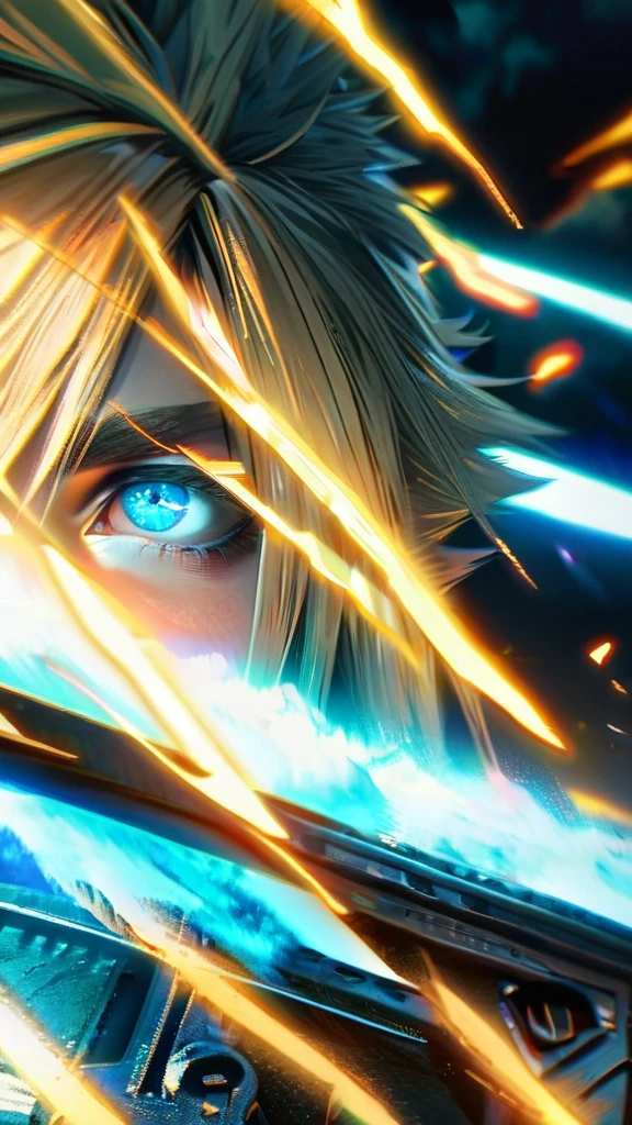 Symetrical,absurdres, highres, ultra detailed, HDR, masterpiece, extremely detailed face and eyes, Cloud Strife,final fantasy 7, yellow hair , , solo, man, handsome, ,blue eyes, , Epic fight scene, yellow lightning effect, glowing glitters, symetrical , close up