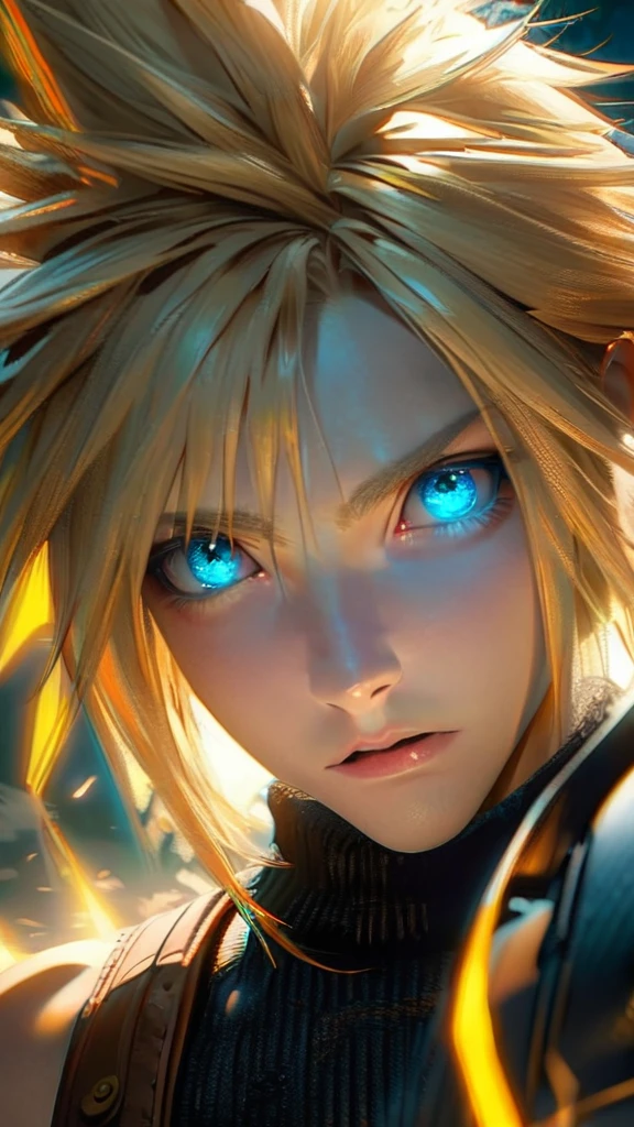 Symetrical,absurdres, highres, ultra detailed, HDR, masterpiece, extremely detailed face and eyes, Cloud Strife,final fantasy 7, yellow hair , , solo, man, handsome, ,blue eyes, , Epic fight scene, yellow lightning effect, glowing glitters, symetrical , close up