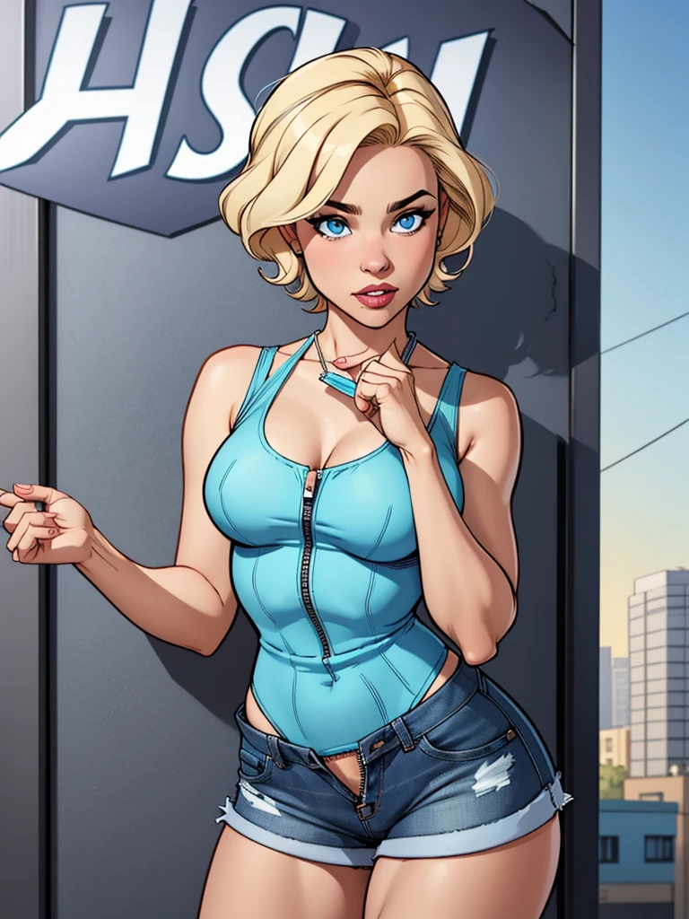 Young female, with blonde short hair, Blue eyes, wearing a tight blue tank top with a low neckline, wearing short, tight denim shorts with the zipper open, comic style