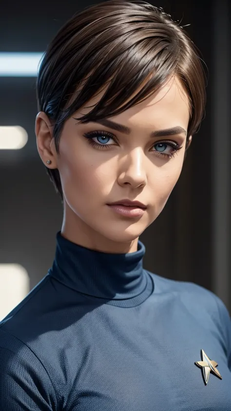 a close up of a person in a suit with a short haircut wearing a blue shirt and a black turtle neck t - shirt, Eve Ryder, star tr...