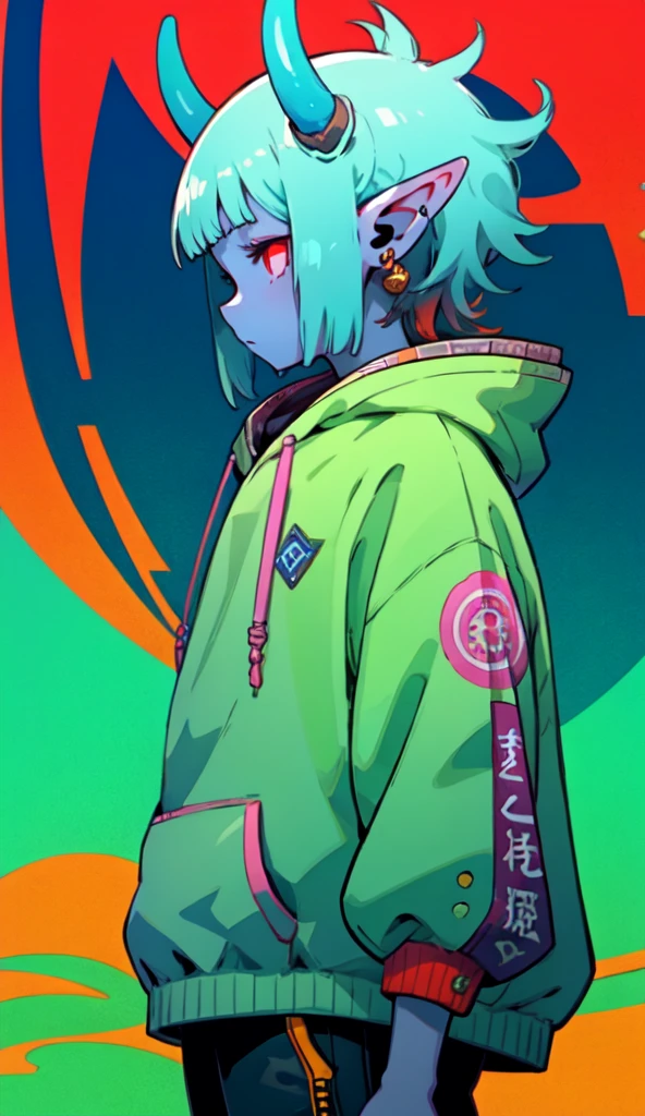 oniNFT, solo, 1girl, horns, female focus, colored skin, street clothes, hoodie, tight pants, colored sclera, pointy ears, blue skin, upper body  