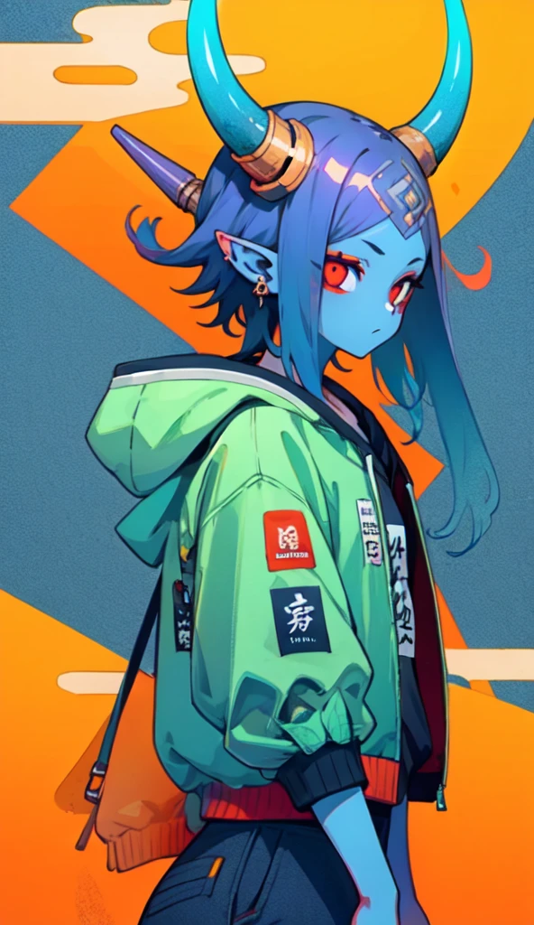 oniNFT, solo, 1girl, horns, female focus, colored skin, street clothes, hoodie, tight pants, colored sclera, pointy ears, blue skin, upper body  