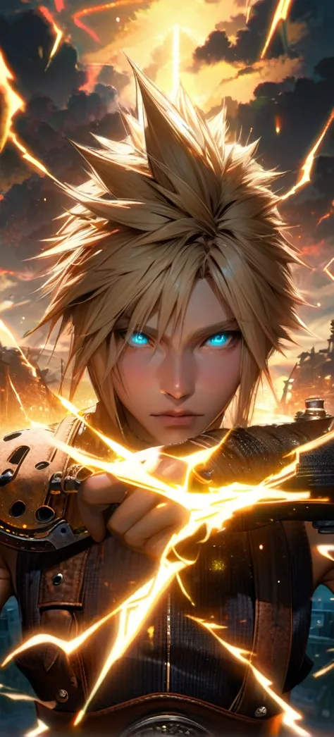 symetrical,absurdres, highres, ultra detailed, hdr, masterpiece, extremely detailed face and eyes, cloud strife,final fantasy 7,...