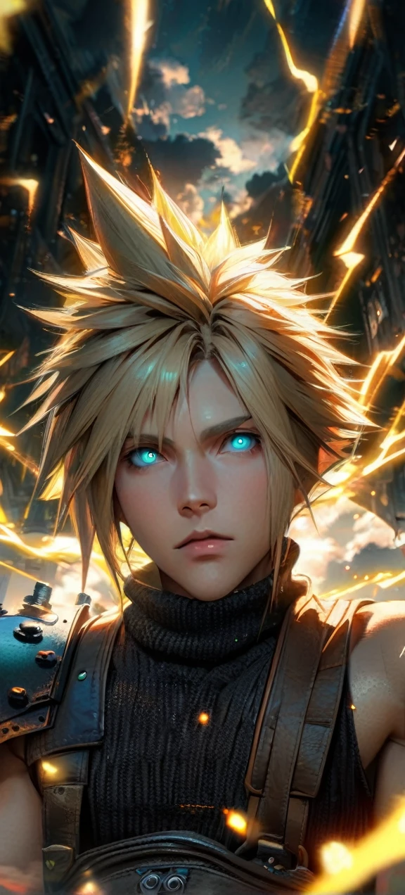 Symetrical,absurdres, highres, ultra detailed, HDR, masterpiece, extremely detailed face and eyes, Cloud Strife,final fantasy 7, yellow hair , , solo, man, handsome, ,, , cool pose, yellow lightning effect, glowing glitters, symetrical