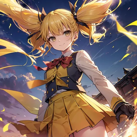 (((Shinomiya Kikoru　Jump)))　((Yellow Hair　Twin tails　uniform))　(smile)　Shining Background　Shining Edge