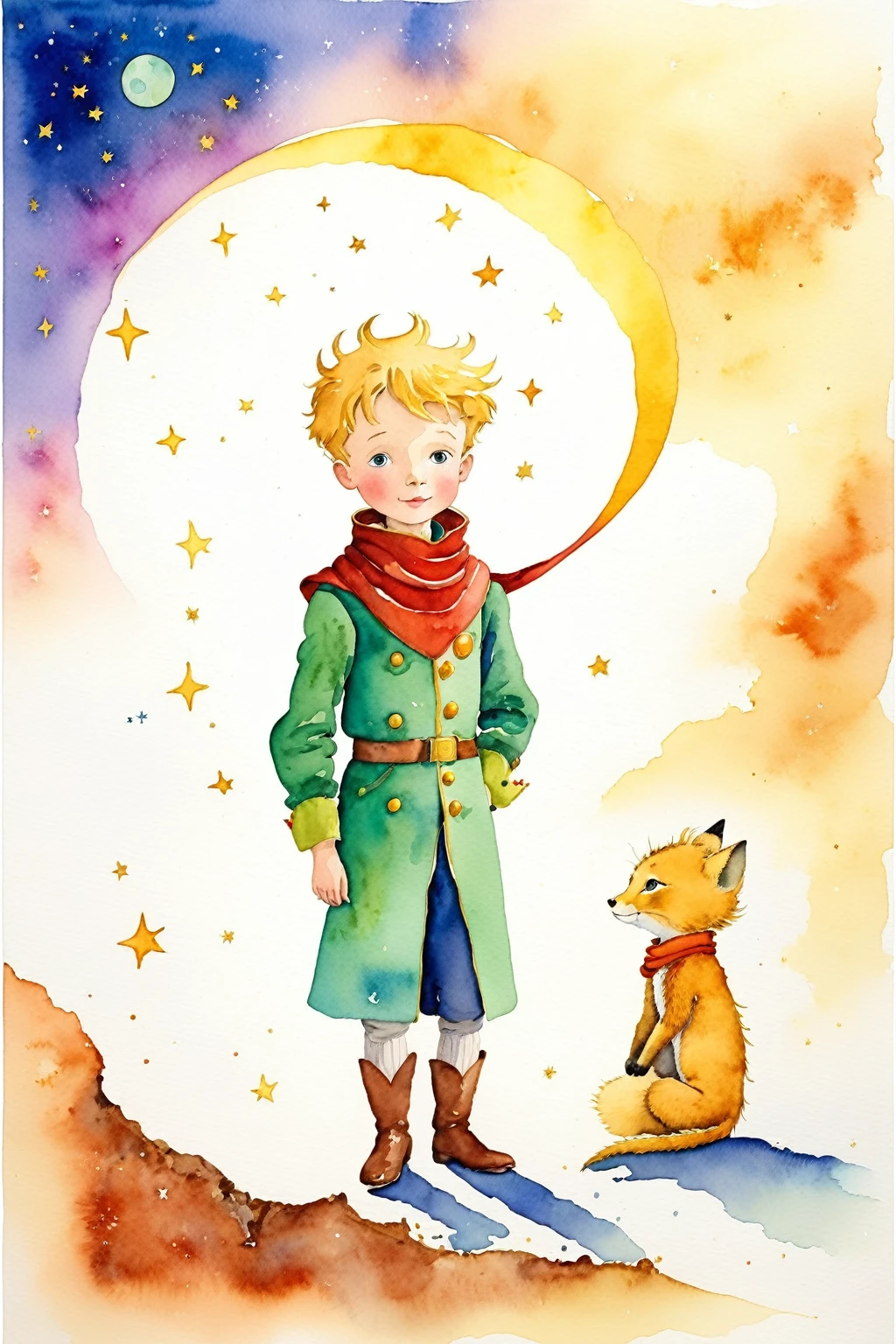 Watercolor painting,"The Little Prince&#39;s Starry Night" In this sea of stars,a pair of small gentle hands caressing the moon,how to take care of delicate life,the little prince is using his true and sincere dialogue with the stars and the moon. Moonlight bloomed on his palm like the beginning of a dream,taking us to a warm and mysterious world. Every breath of the little prince is full of curiosity and longing for the unknown world,and the stars around you are as mysterious and dazzling as your inner world. Neste momento,the little prince and the moon and starlight intertwined in resonance,played an eternal song from the heart. The little prince&#39;s delicate rose looked at him with his head bowed,