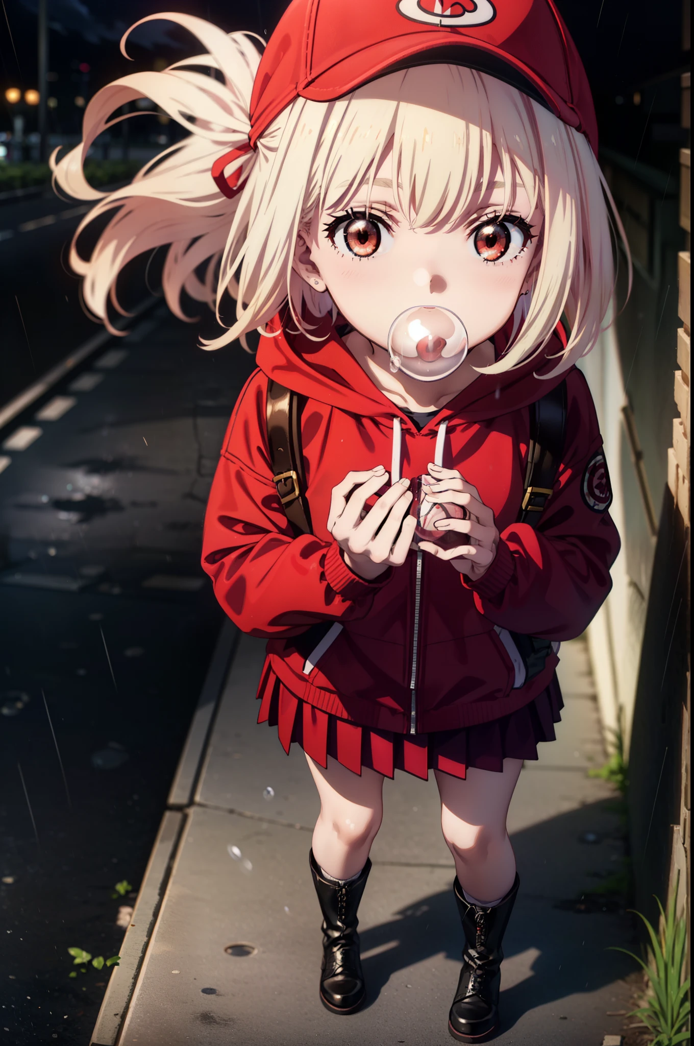 , Chisato Nishikigi, length, bangs, blonde, (Red eyes:1.5), Baseball cap,Oversized red hoodie,mini skirt,Black knee socks,short boots,Standing leaning against a wall,rain,cloudy,Hide under the roof,whole bodyがイラストに入るように,Blowing bubble gum,
break outdoors, alley,
break looking at viewer, whole body,
break (masterpiece:1.2), Highest quality, High resolution, unity 8k wallpaper, (shape:0.8), (Beautiful attention to detail:1.6), extレムely detailed face, Perfect lighting, extレムely detailed CG, (Perfect hands, Perfect Anatomy),