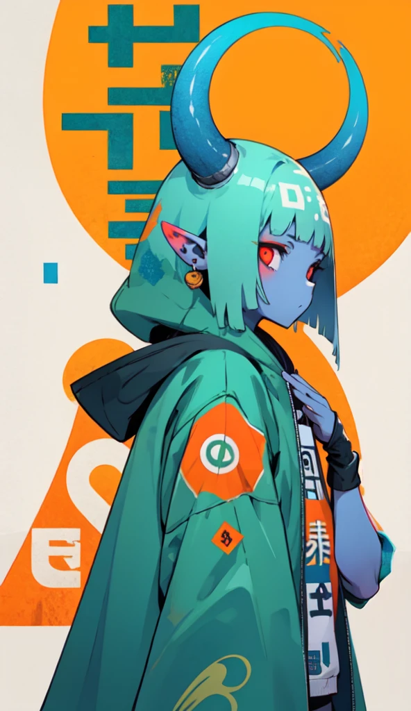 oniNFT, solo, 1girl, horns, female focus, colored skin, street clothes, hoodie, tight leggings, colored sclera, pointy ears, blue skin, upper body  