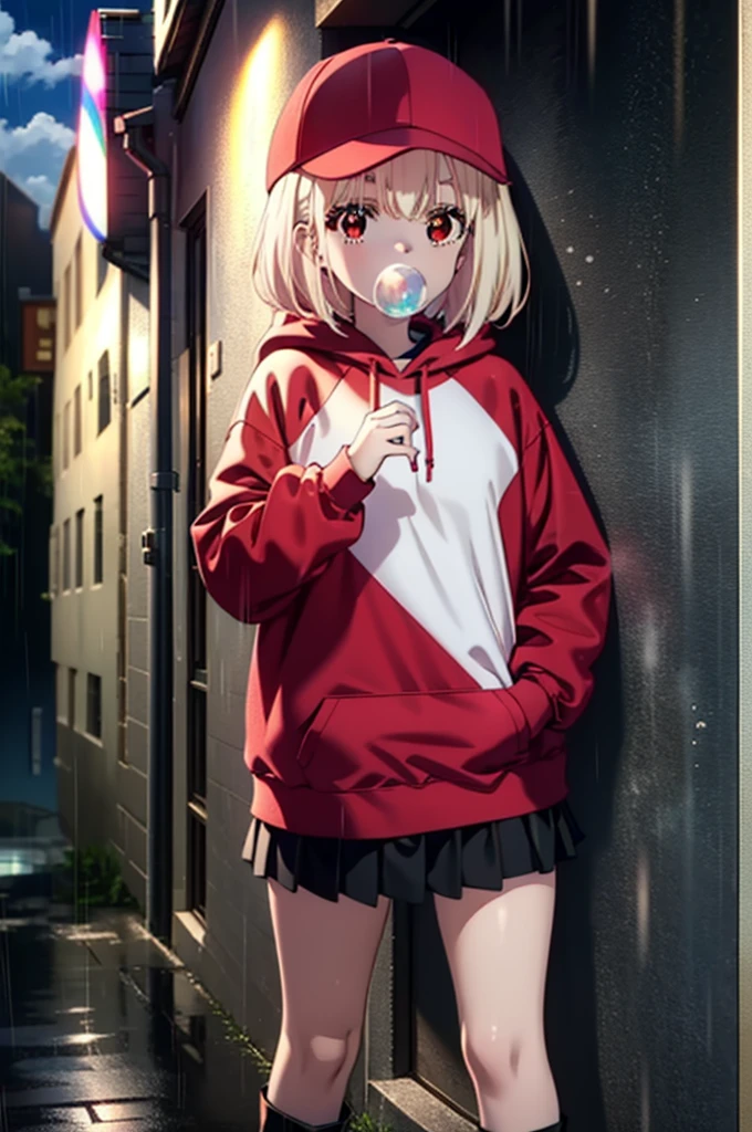 , Chisato Nishikigi, length, bangs, blonde, (Red eyes:1.5), Baseball cap,Oversized red hoodie,mini skirt,Black knee socks,short boots,Standing leaning against a wall,rain,cloudy,Hide under the roof,whole bodyがイラストに入るように,Blowing bubble gum,
break outdoors, alley,
break looking at viewer, whole body,
break (masterpiece:1.2), Highest quality, High resolution, unity 8k wallpaper, (shape:0.8), (Beautiful attention to detail:1.6), extレムely detailed face, Perfect lighting, extレムely detailed CG, (Perfect hands, Perfect Anatomy),