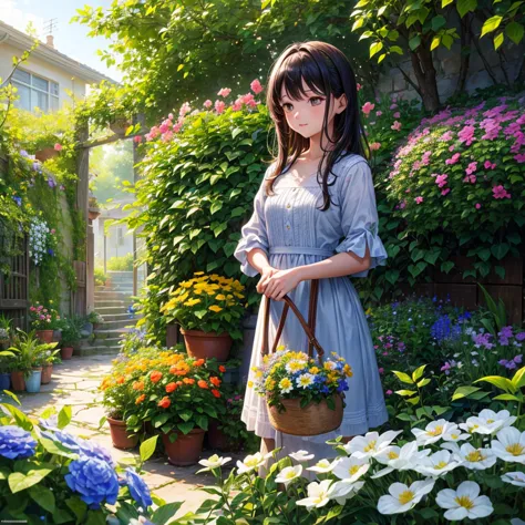 spring has arrived, a girl is busy taking care of flowers in the small garden in her yard, sunlight exposure, warm color, vibran...