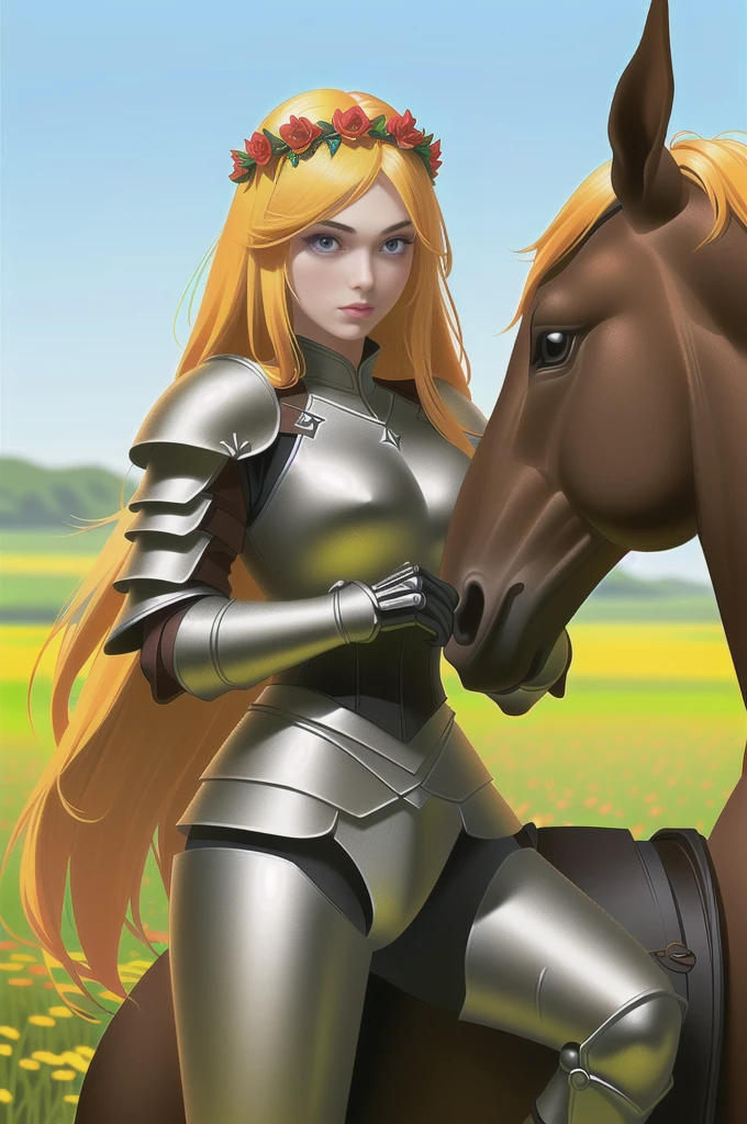 best quality, detailed, 1 girl, young, princess and warrior, leather armour and  red lingerie, sword, flower crown, long yellow hair, horse, field, cartoon