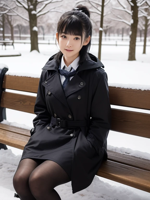 (Ultra-high resolution), (masterpiece), (Attention to detail), (high quality), (最high quality),  One Girl ,Blunt bangs, Black Hair, In the snowy park、A woman in a black trench coat is sitting on a bench。The snowy scenery creates a contrast、The seasonal feel is clearly expressed。