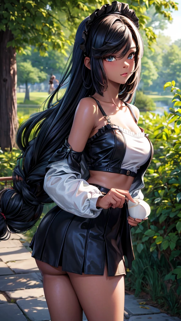 Masterpiece of the Highest Quality, High Resolution (4K), an Exquisite Portrayal of a Charming and Enchanting Coffee-Colored Black-Skinned Adolescent Lolita:

She is in the park wearing sexy and alluring casual clothes mini skirt and midriff spaghetti strap lady techno jacket