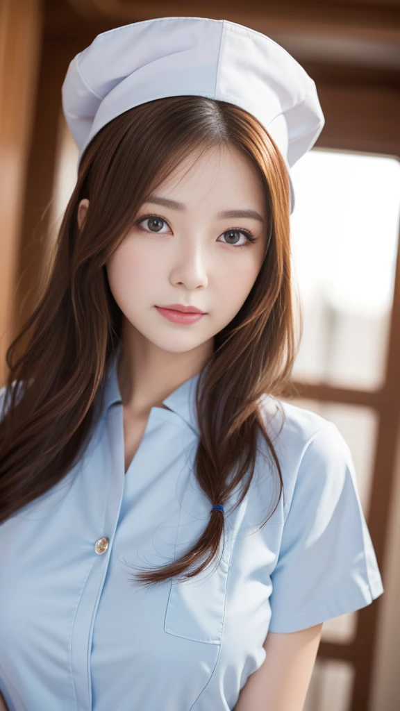 (masterpiece, Highest quality:1.2),alone,The eyes are exquisite and delicate,Long auburn hair、Pink Lips,blue eyes,Big Breasts、Wavy Hair、White nurse uniform、White nurse hat、Japanese