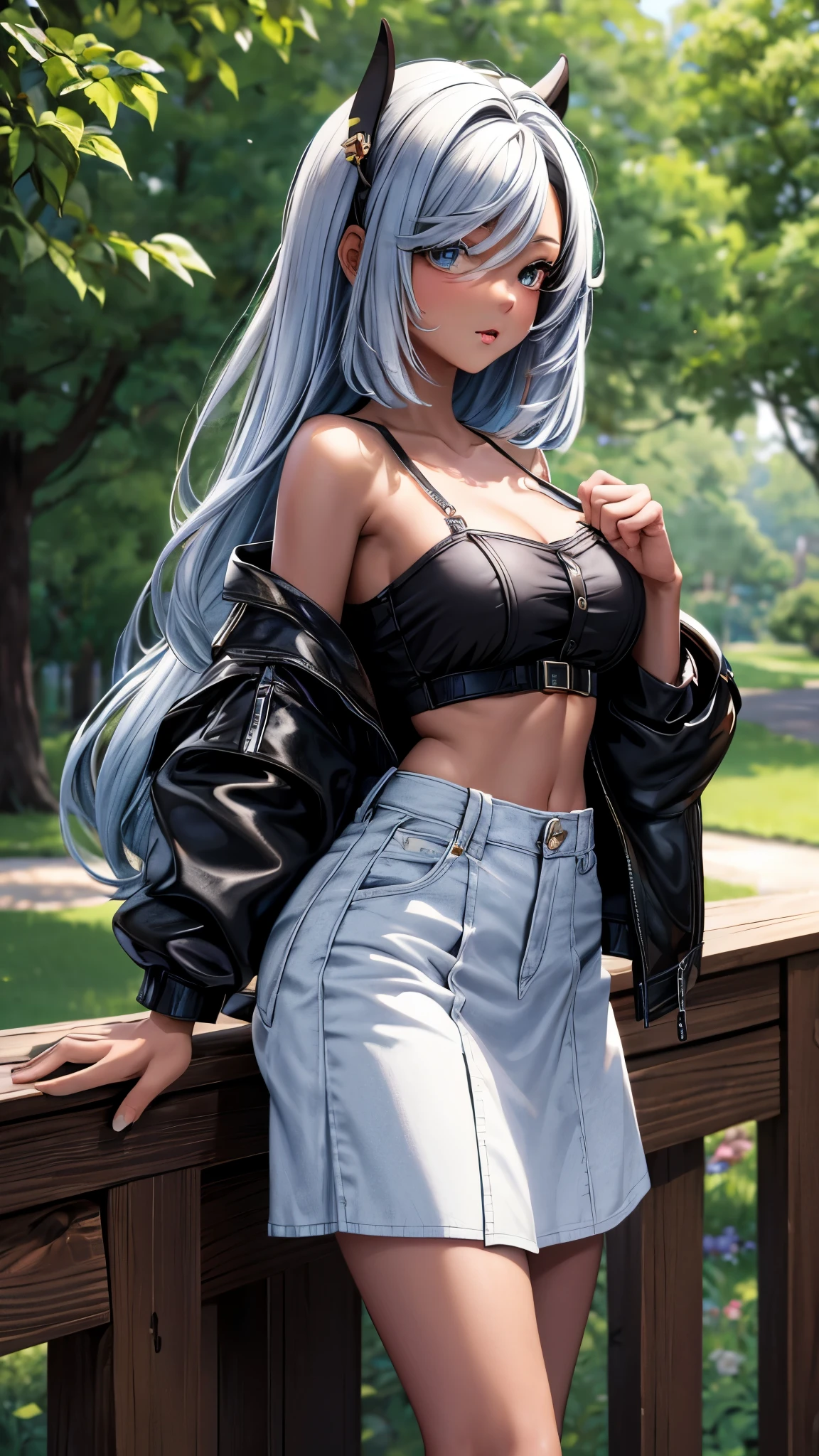 Masterpiece of the Highest Quality, High Resolution (4K), an Exquisite Portrayal of a Charming and Enchanting Coffee-Colored Black-Skinned Adolescent Lolita:

She is in the park wearing sexy and alluring casual clothes mini skirt and midriff spaghetti strap lady techno jacket