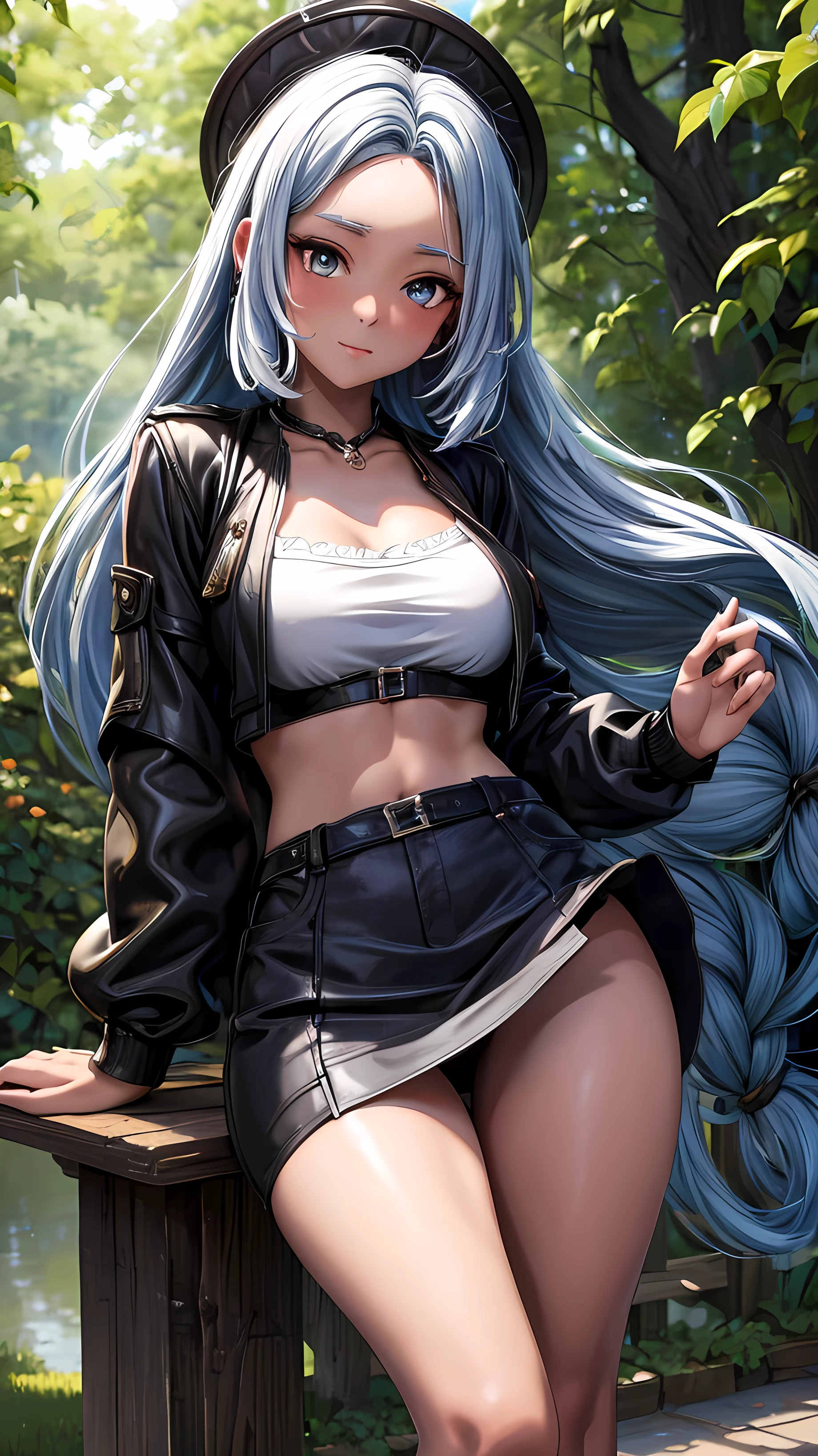 Masterpiece of the Highest Quality, High Resolution (4K), an Exquisite Portrayal of a Charming and Enchanting Coffee-Colored Black-Skinned Adolescent Lolita:

She is in the park wearing sexy and alluring casual clothes mini skirt and midriff spaghetti strap lady techno jacket