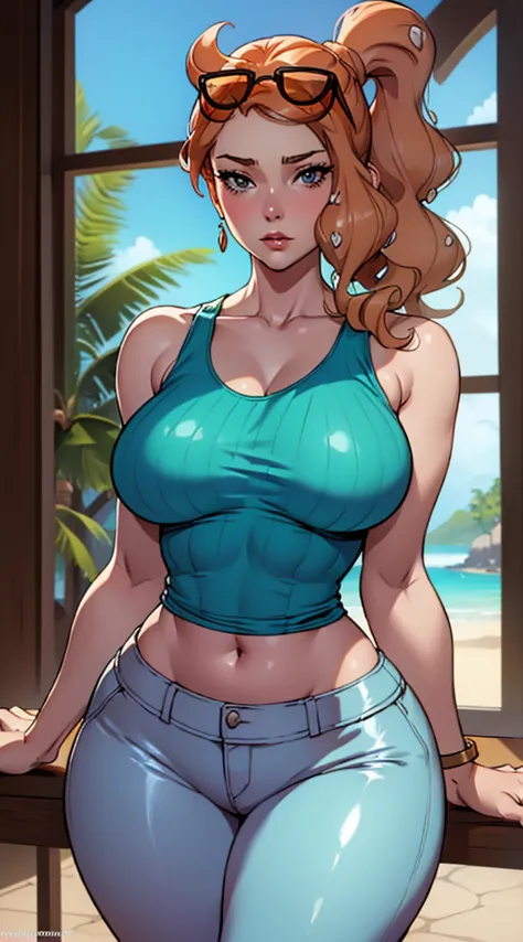 a close up of a cartoon of a woman with large breasts, sexy body, navel, Sonia from pokemon, cutesexyrobutts, artgerm and lois v...