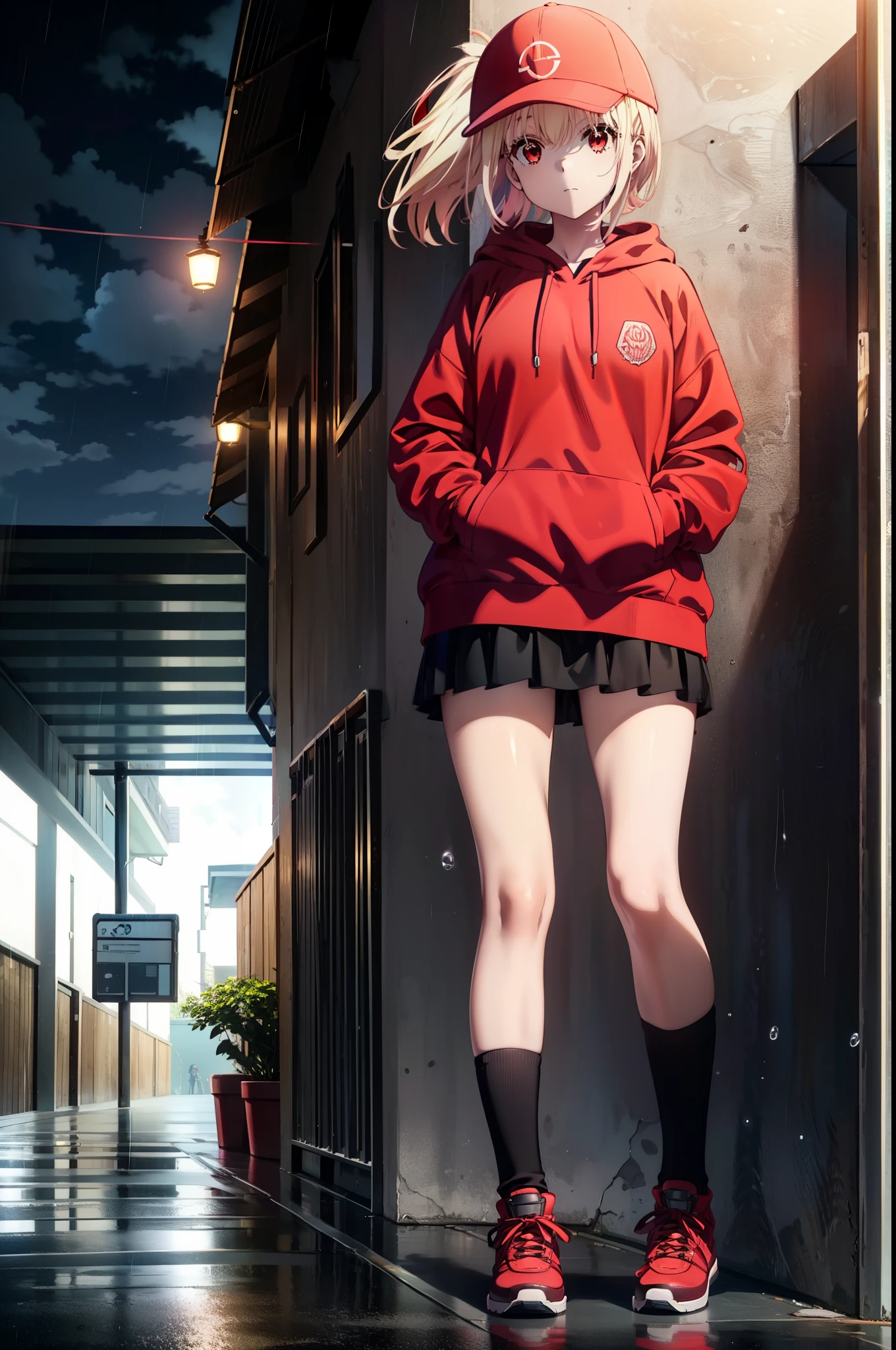 , Chisato Nishikigi, length, bangs, blonde, (Red eyes:1.5), Baseball cap,Oversized red hoodie,mini skirt,Black knee socks,short boots,Standing leaning against a wall,rain,cloudy,Hide under the roof,whole bodyがイラストに入るように,Blowing bubble gum,
break outdoors, alley,
break looking at viewer, whole body,
break (masterpiece:1.2), Highest quality, High resolution, unity 8k wallpaper, (shape:0.8), (Beautiful attention to detail:1.6), extレムely detailed face, Perfect lighting, extレムely detailed CG, (Perfect hands, Perfect Anatomy),