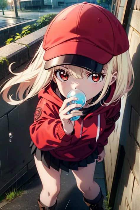 , chisato nishikigi, length, bangs, blonde, (red eyes:1.5), baseball cap,oversized red hoodie,mini skirt,black knee socks,short ...