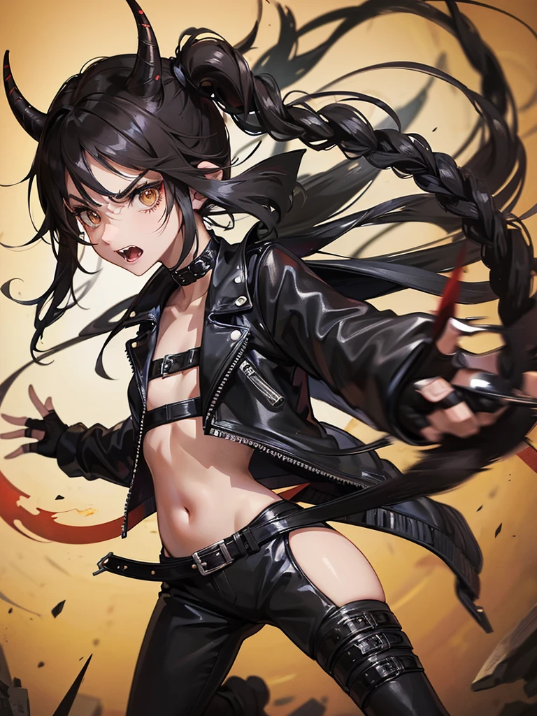 a girl, small horns of black hair, brown eyes, teeth were sharp as saws, wearing a black leather jacket with strange black symbols,Black fingerless gloves ,long black leather pants, sneakers black, black w tail, angry.
