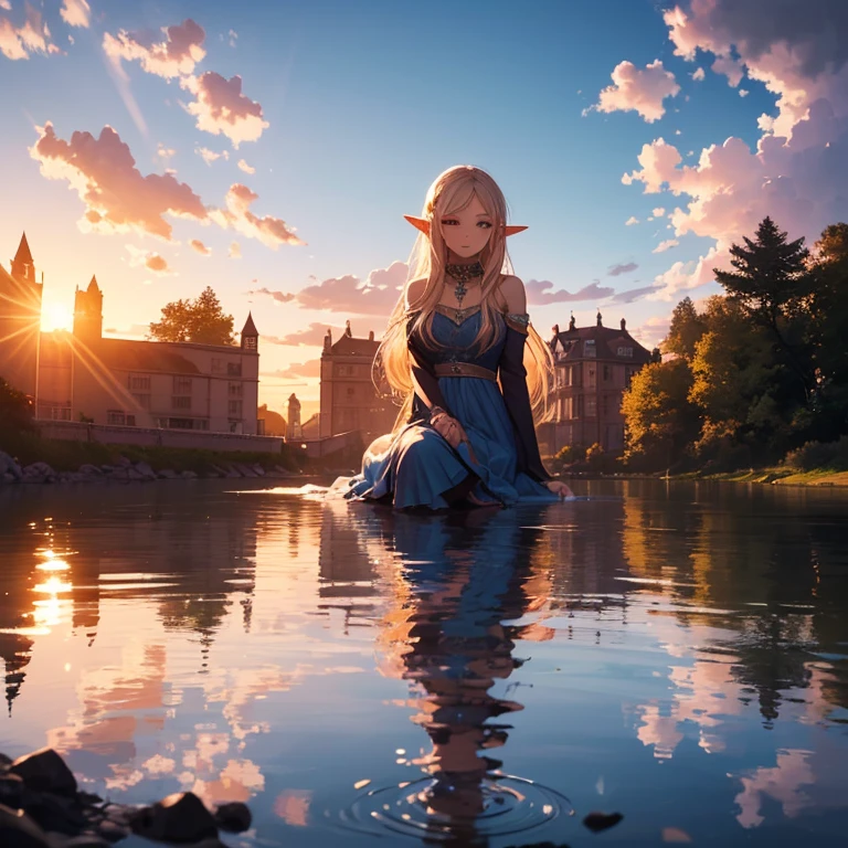 a beautiful young elf, dressed in an elegant bright multicolored dress, long and pompous. She is sitting on the shore of a magical lake with crystal clear water.... his feet are in the water. With the backdrop of a beautiful sunset that highlights the figure of the elf and her beautiful face.., You can also see an elven palace that appears to be made of glass under the reflection of sunlight..., the image evokes a couple, tranquility and beauty, hyperdetailed, light suit, real lights and shadows.