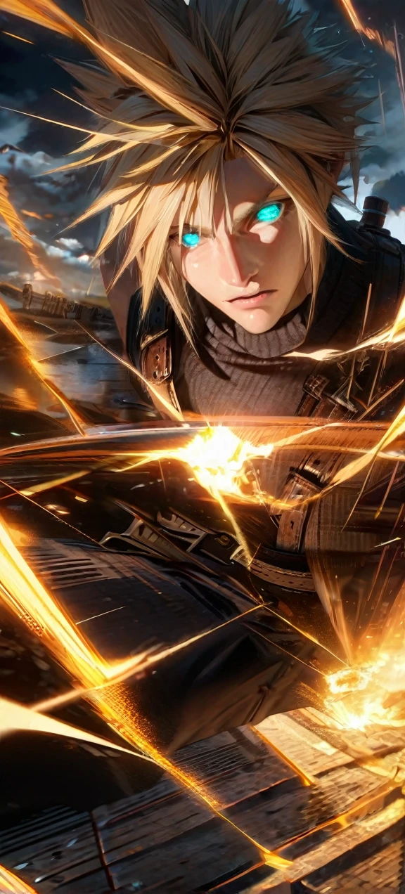 Symetrical,absurdres, highres, ultra detailed, HDR, masterpiece, extremely detailed face and eyes, Cloud Strife,final fantasy 7, yellow hair , , solo, man, handsome, ,, ,Epic fight scene, yellow lightning effect, glowing glitters, symetrical , 