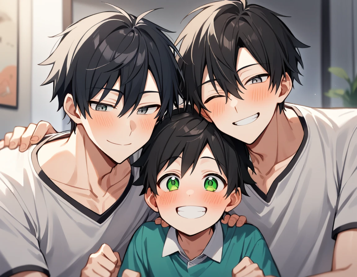 2 young men, 1 daughter, 2 twin sons , Yaoi, family, smile, short hair, black hair, green eyes, black hair, gray eyes , The best aesthetics , best quality, Amazing quality, The best aesthetics, nonsense,bright
