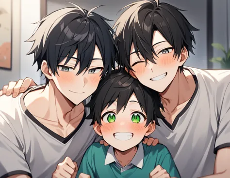 2 young men, 1 daughter, 2 twin sons , yaoi, family, smile, short hair, black hair, green eyes, black hair, gray eyes , the best...