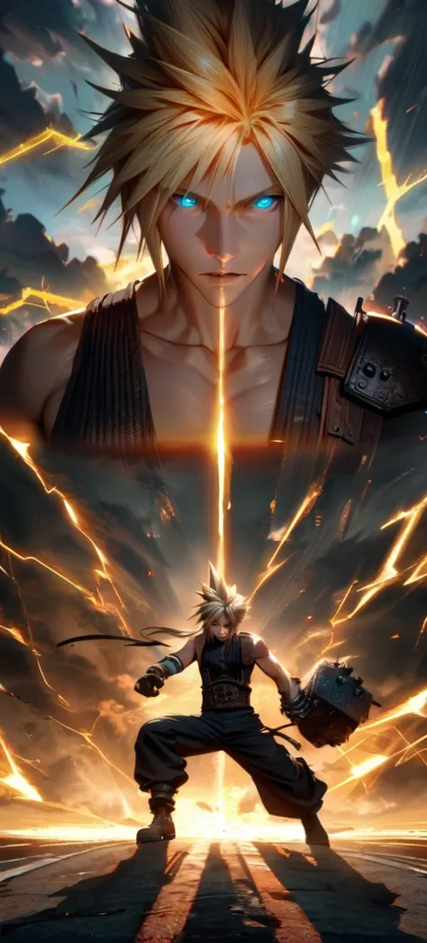 symetrical,absurdres, highres, ultra detailed, hdr, masterpiece, extremely detailed face and eyes, cloud strife,final fantasy 7,...