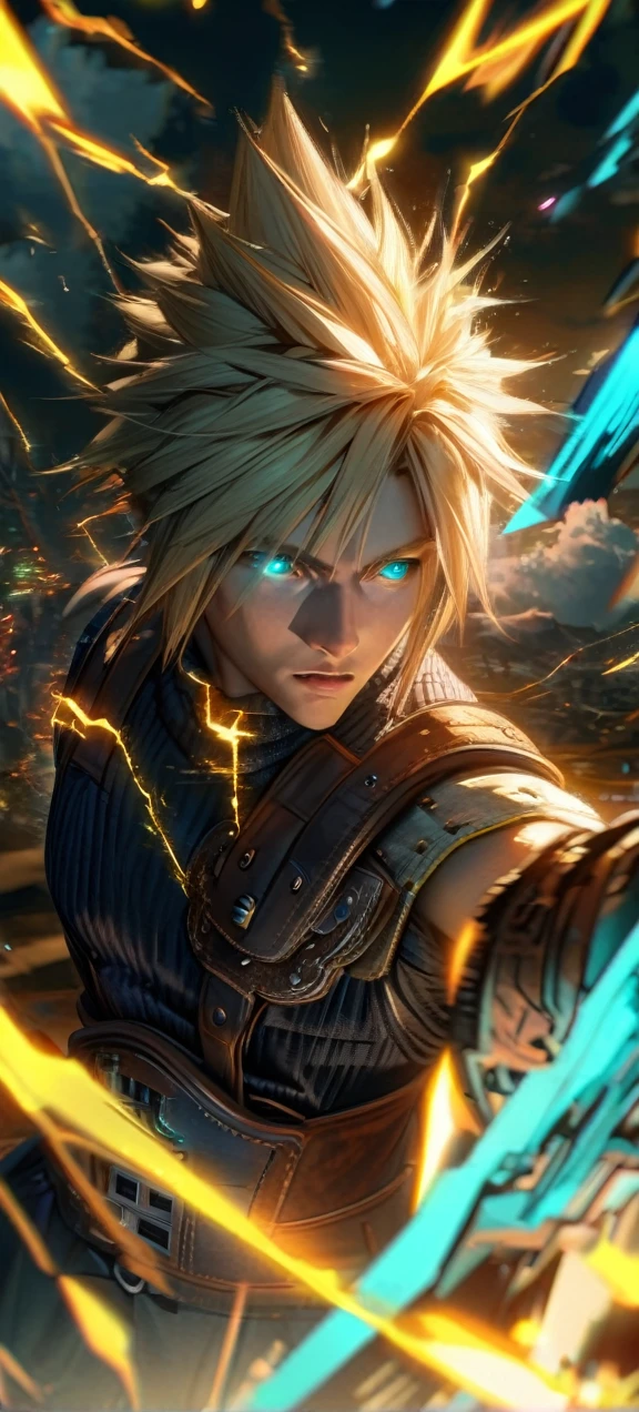 Symetrical,absurdres, highres, ultra detailed, HDR, masterpiece, extremely detailed face and eyes, Cloud Strife,final fantasy 7, yellow hair , , solo, man, handsome, ,, ,Epic fight scene, yellow lightning effect, glowing glitters, symetrical , 