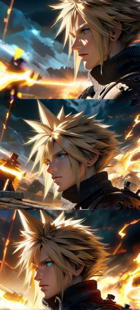 symetrical,absurdres, highres, ultra detailed, hdr, masterpiece, extremely detailed face and eyes, cloud strife,final fantasy 7,...