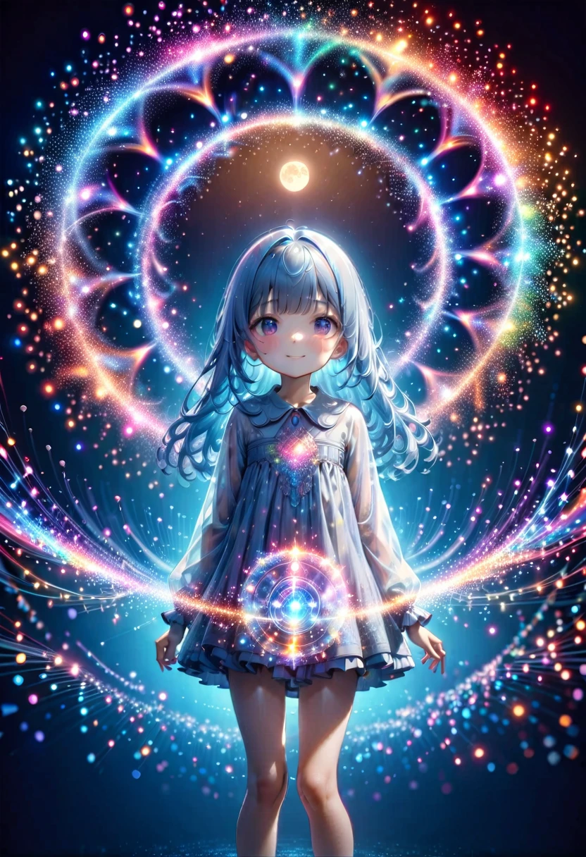 masterpiece, best quality, extremely detailed, (illustration, official art:1.1), 1 girl ,(((( light blue long hair)))),pale blue hair,loli, long hair ((blush)) , cute face, big eyes, masterpiece, best quality,(((((a very delicate and beautiful girl))))),Amazing,beautiful detailed eyes,blunt bangs((((little delicate girl)))),tareme(true beautiful:1.2), sense of depth,dynamic angle,,,, affectionate smile, (true beautiful:1.2),,(tiny 1girl model:1.2),)(flat chest)、finest image, 8k, RAW photo, realistic, detailed, delicate, flashy and dynamic depiction, iridescent kaleidoscope, huge magic circle, pale full moon, static electricity, electric discharge, plasma, geometric pattern, irregularity, mysterious, sign of something happening, wide space at night, night sky, colorful, digital, art,
